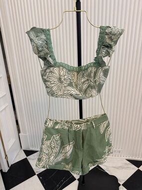 HEMANT & NANDITA Sage Green Floral Lace-Trim Crop Top & Shorts Set. Worn once